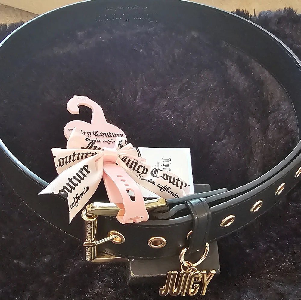 Juicy Couture Black Belt with Gold Buckle and Pink Ribbon